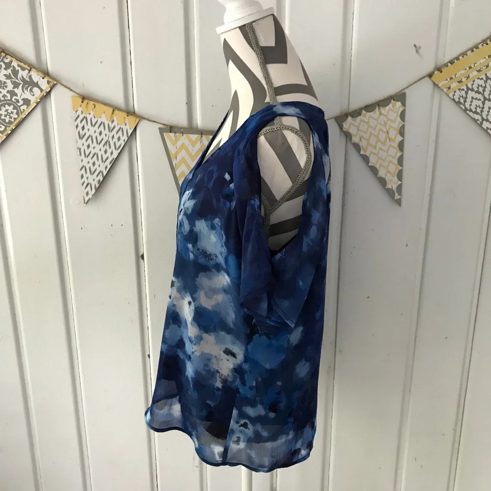Milano Blue Watercolor Chiffon Cold Shoulder Top - Picture 2 of 8